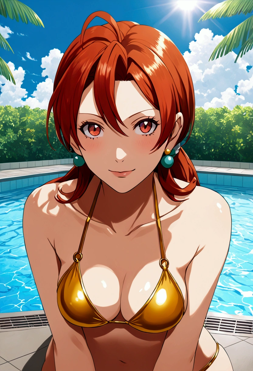 Delia ketchum from Pokemon , in a swimming pool, golden sexy bikini, hot pose , photo session,anime style