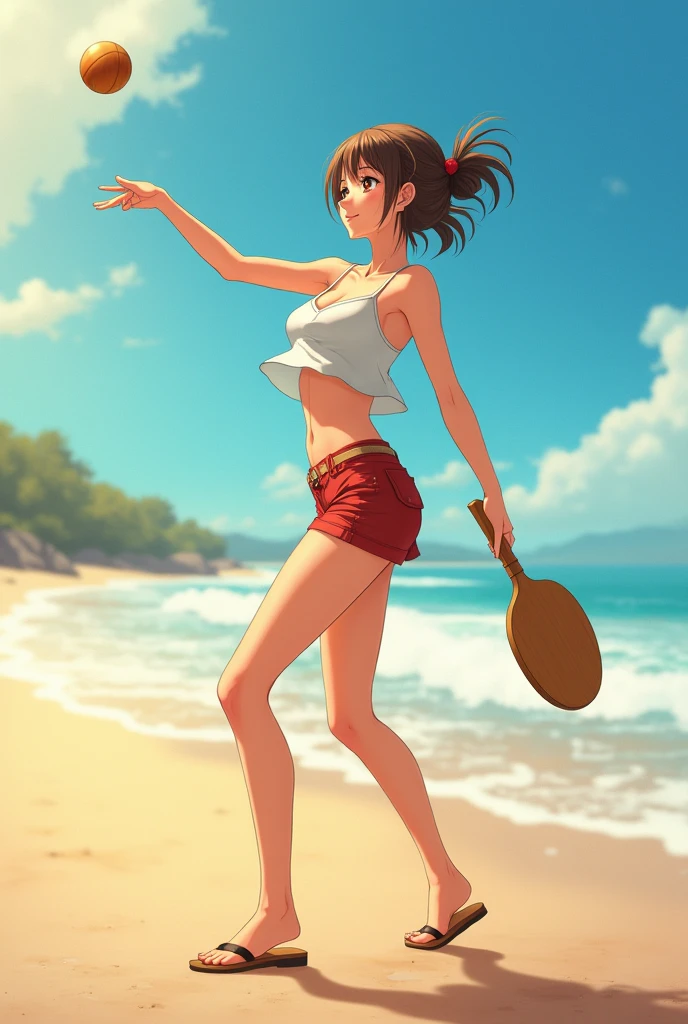 An anime woman on the beach playing sports holding a racket in one hand, all made of wood with a handle that fits in the hand, standing racket, frescobol
