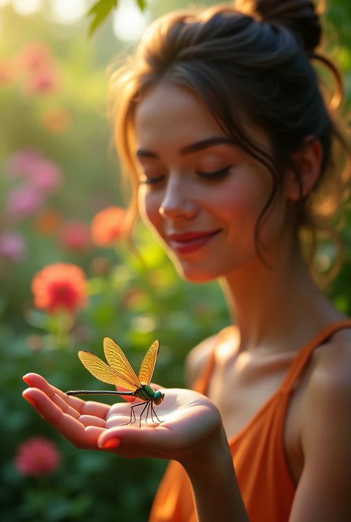 close-up of a colorful dragonfly, shimmering wings and bright green eyes, sitting on a woman's hand. The woman sits peacefully in her garden, surrounded by vibrant flowers and greenery, the scene capturing a moment of quiet reflection and natural beauty. The dragonfly should be small and sunlight should be glistening off its eyes