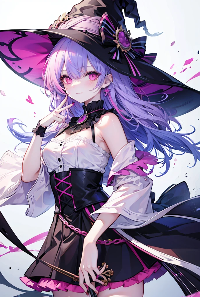 1 , detail, multi-colored hair, hair over one eye, medium hair, Caught on both sides, aretes, pink eyes, make-up, happy/glad, witch's hat, anime styling,