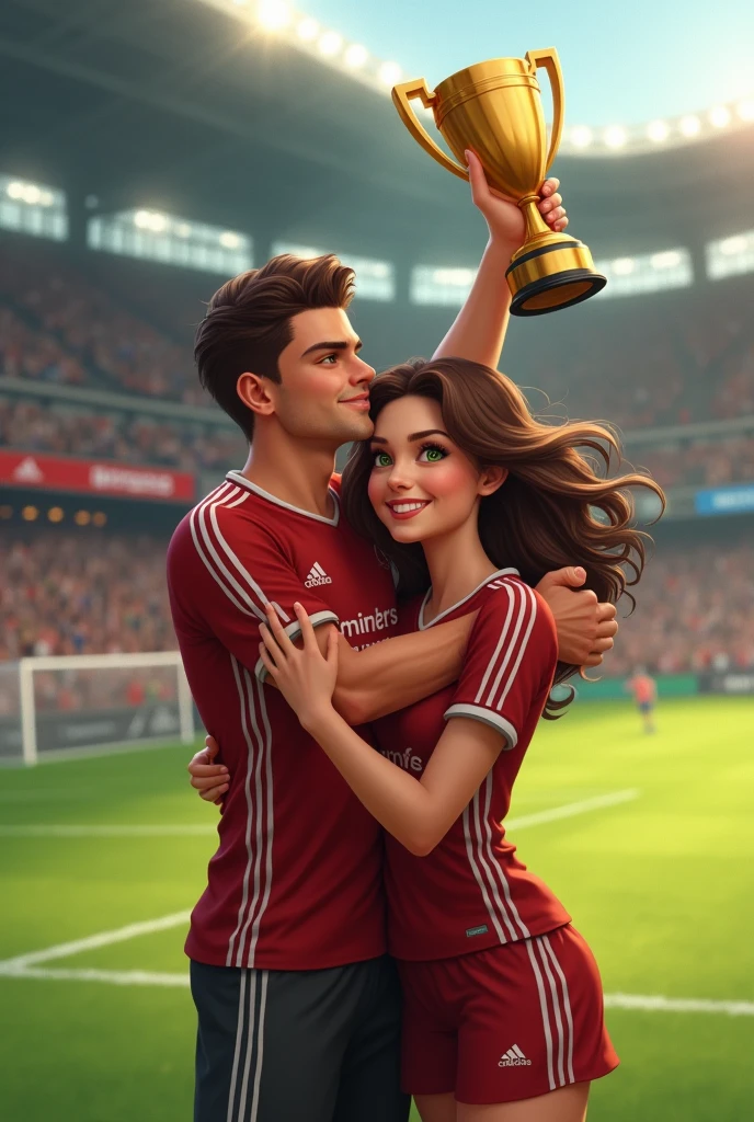Brown hair, A beautiful girl with brown eyes, green Eyed, brown haired football player man lifting a trophy together on the football field