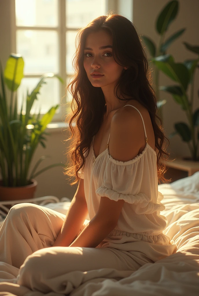 (photorealism:1.2), beautiful woman, sitting on bed, wearing loose off-shoulder top, pajama pants, long curly hair, indoors, soft lighting, plants in background, window with sunlight, cozy room, relaxed pose, realistic, intricate details, warm colors, by Greg Rutkowski, by Alphonse Mucha