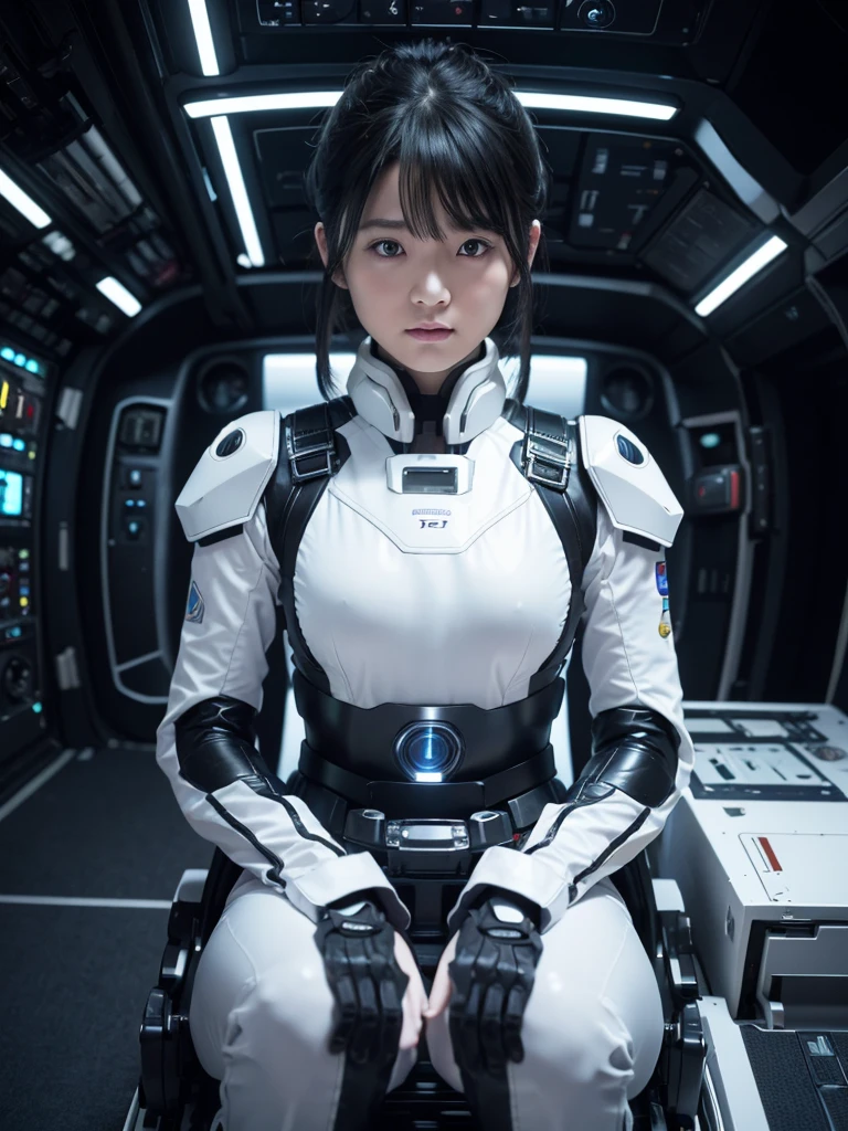 (Ultra-high resolution,Realistic,Highest quality,Photorealistic),(8k,RAW Photos,Highest quality,masterpiece),(Photon Mapping,Radio City,Physically Based Rendering,Auto White Balance),Japanese female android,Black Hair,The spaceship's cockpit,Secured to the seat with a thick harness,Plump,Slightly thicker,Squat,White robot suit,There is a control panel on the chest.,Surrounded by machines,