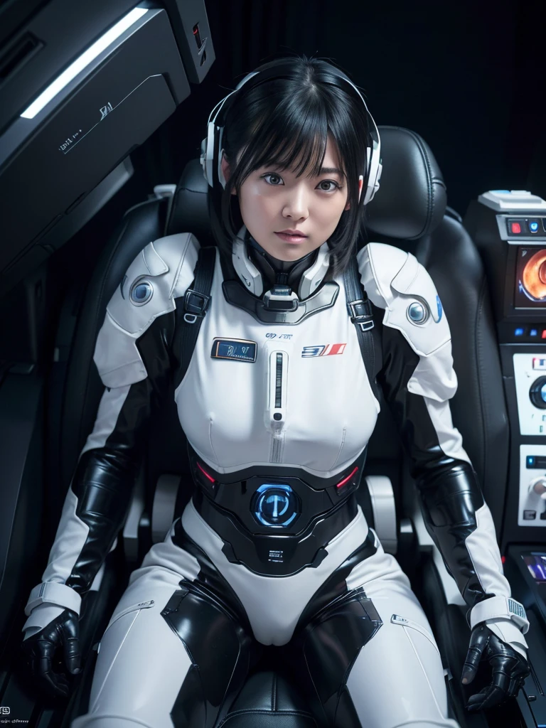 (Ultra-high resolution,Realistic,Highest quality,Photorealistic),(8k,RAW Photos,Highest quality,masterpiece),(Photon Mapping,Radio City,Physically Based Rendering,Auto White Balance),Japanese female android,Black Hair,The spaceship's cockpit,Secured to the seat with a thick harness,Plump,Slightly thicker,Squat,White robot suit,There is a control panel on the chest.,Surrounded by machines,