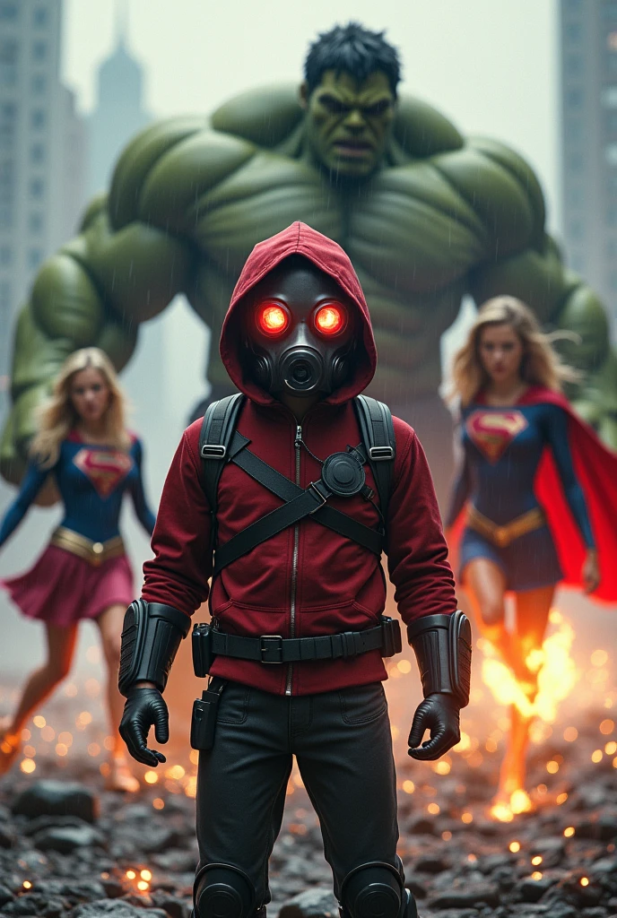 Young Star-lord with red hoodie, headphones, star-lord helmet, gas helmet, covered mouth, round red eyes, Red eyes, magic rings in the hands and rocket boots vs, SuperGirl, vs. Hulk Fighting, power, fiction, full body, hug, fall, fire in boots, poweful spells, realistic, helmet, mask, red cape, confrontation, punch, gun, flying in the sky, view of the city from above, rain, fighting, Black gloves, ocean floor, face cover, free hair, front cover