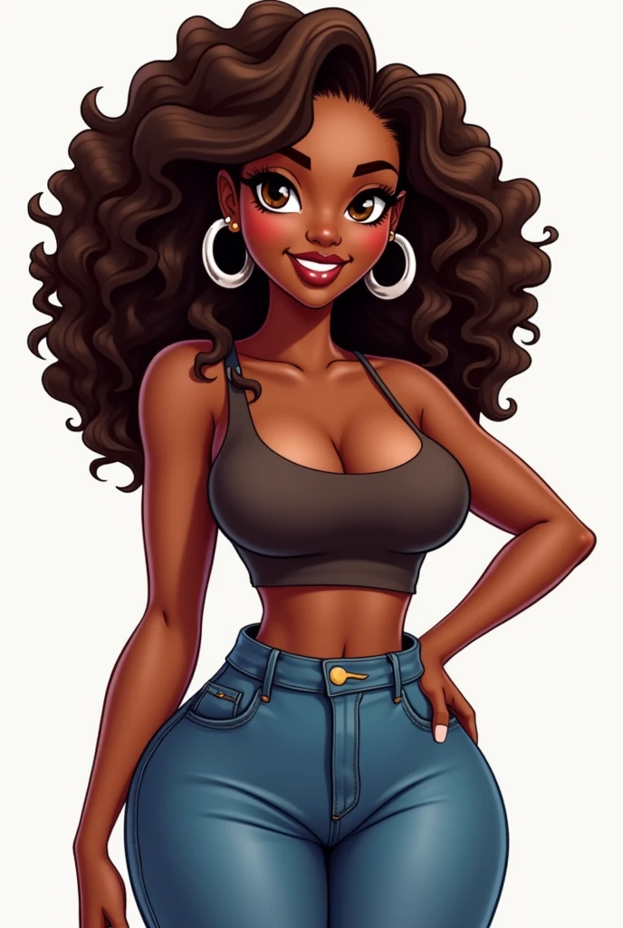 cartoon beautiful black woman with a curvy body and brown eyes brown hair
with a
large silver hoop earrings jeans and top