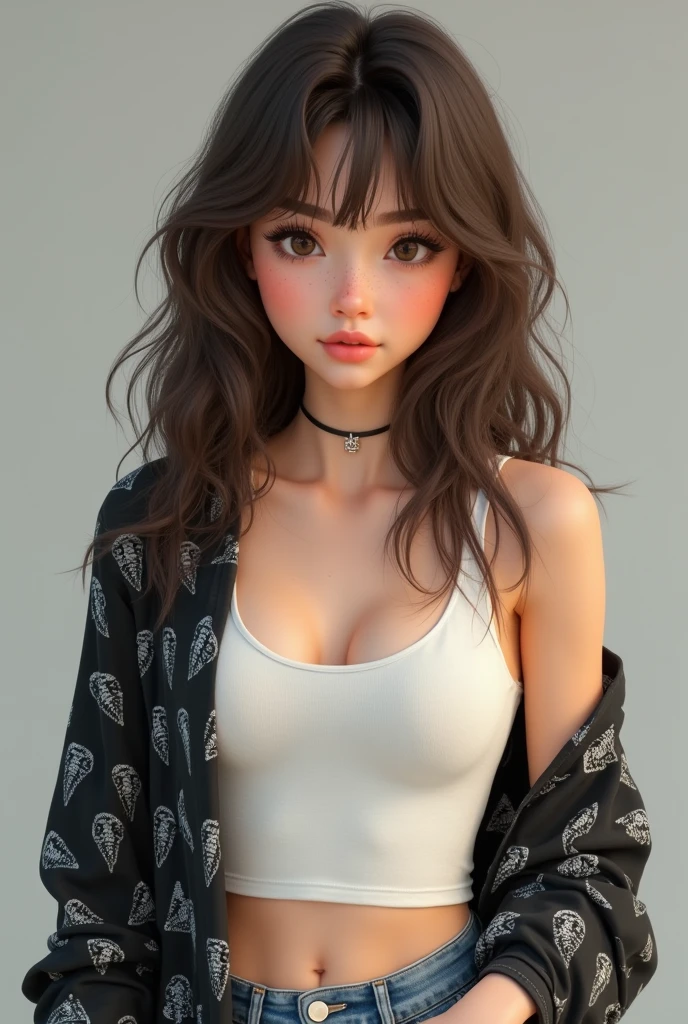 girl with bangs where you can see a little of her forehead with acne spots and some pimples on her forehead, Brown hair, somewhat wavy to the waist, white test, medium build, of short stature, thick lips a little dry, light brown eyes, He wears a silver ring on his right ring finger, wide leg jeans and short black skeleton blouse