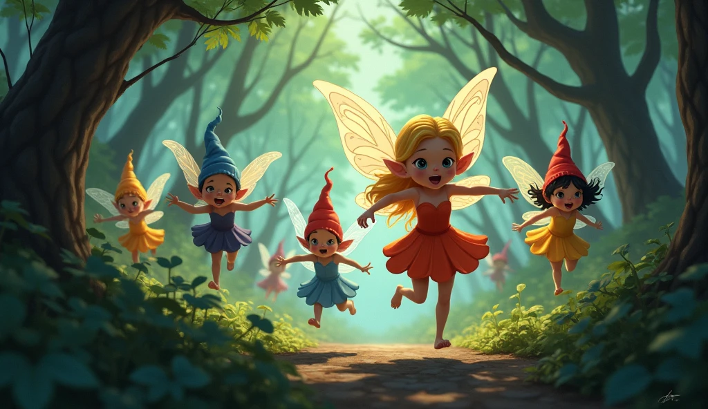 **Fairies:**
- Fairies are small magical creatures with pale, delicate skin, contrasting with their golden hair that shines brightly in the light. They are approximately 15 centimeters tall and their wings are thin and translucent, resembling the wings of a dragonfly.
- Fairies wear shimmering dresses, which reflect various colors, ranging from shades of blue, silver and pink. The dresses are light and fluttering, giving the impression that the fairies are floating in the air, even as they run in panic.
**Gnomes:**
- Gnomes are small, robust creatures, with dark skin and strong facial features. They are about 30 centimeters tall and their large, round eyes show an expression of fear and urgency.
- They wear colorful, pointy hats, ranging from red, blue, green and yellow, which stand out against the dense forest around them. Their clothes are simple, made of rustic fabrics, with leather pants and boots. **Action and Atmosphere:**
- Both the fairies and the gnomes are running desperately through the forest, with panicked expressions on their faces. The fairies fly low as they run, their wings beating rapidly, while the gnomes move quickly between the trees and bushes.
- The surrounding forest is dense and dark, with tall trees and intertwined branches creating eerie shadows. The vegetation is thick with leaves and low-hanging branches that the characters try to avoid as they run.
**Ambience and Lighting:**
- The lighting in the scene is darker, with light filtering through the treetops, creating an eerie and tense atmosphere. The shadows around the characters heighten the sense of fear and urgency, while the fairies' dresses and gnomes' hats provide a vibrant contrast against the dark forest backdrop. 2D, Cartoon.