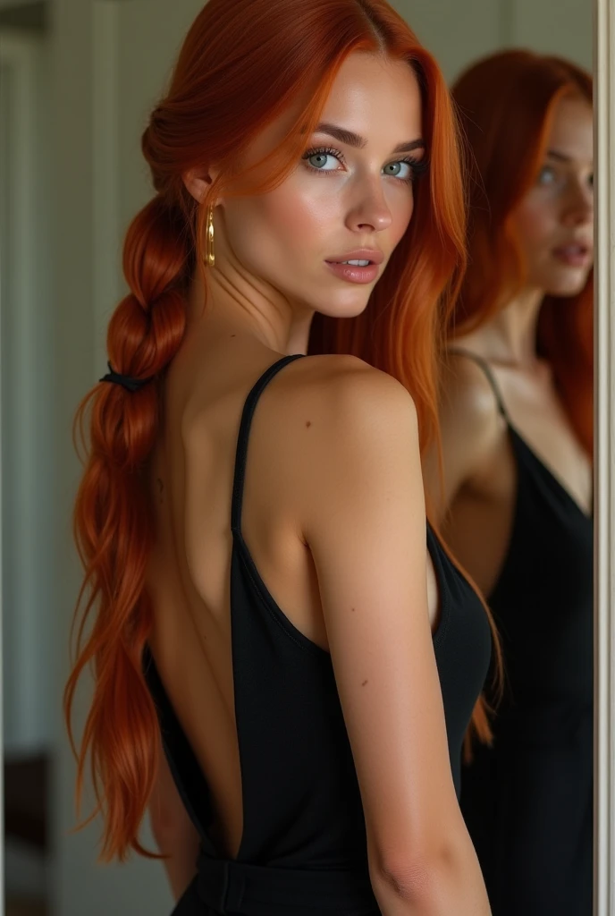 Create an image of the same stunning 20-year-old woman with straight long carrot-red hair, with a braid, gently framing her face. She has a mixed heritage of Latin American and European roots, reflected in her warm, lightly tanned skin and captivating gray eyes. Her figure is an hourglass shape, with a slim waist, well-defined hips, and a toned, athletic build. Her posture exudes confidence and femininity, she stands at a mirror in a sexy evening dress, side view