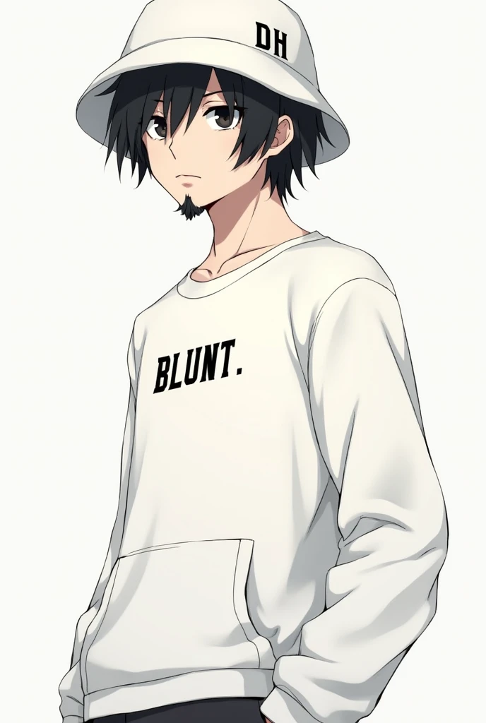 Male character in anime format with a white sweatshirt with the words BLUNT written on it and a white bucket hat with the words DH written on it in the right corner, with black hair and a goatee, looking serious and looking forward from the abdomen up.