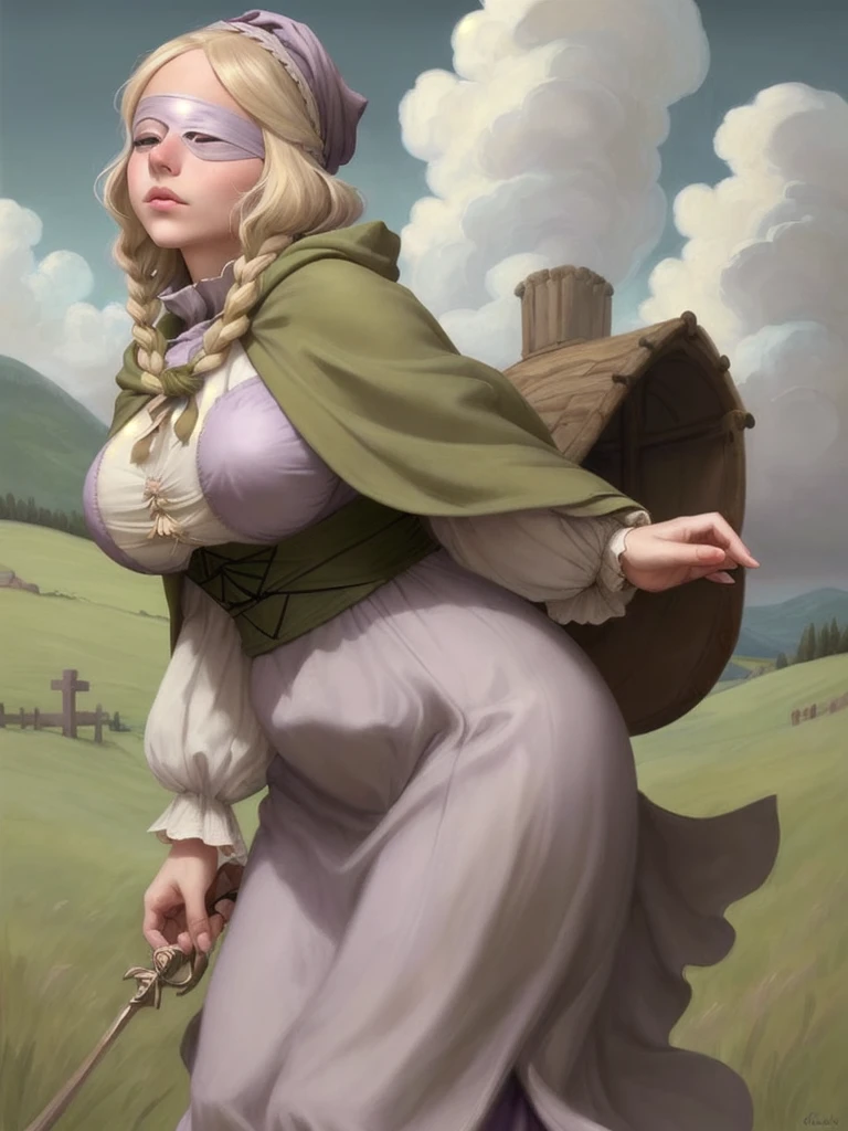 Blindfolded blonde girl, light lilac sale, blonde hair tied up, Caucasian skin, fraja, brown cloak, grama verde, cloudy sky background and grassy hills, medieval art style, showing her plump breasts, wearing a white regatta 