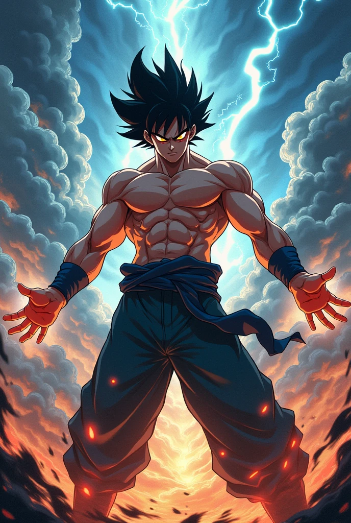 A male anime character with curly black hair, strong and powerful using his powers