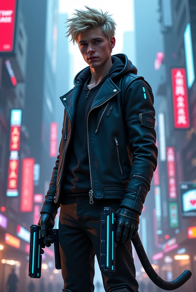 Young handsome man with short blond hair somboy style, wearing a futuristic black cybernetic armor with blue details, a black cyber cat tail behind, holding two futuristic blue pistols, in a cyberpunk style night city, epic pose, Masterpiece artwork, precise, High details, lateral view, 3D rendering, conceptual artwork, cinematic lighting
