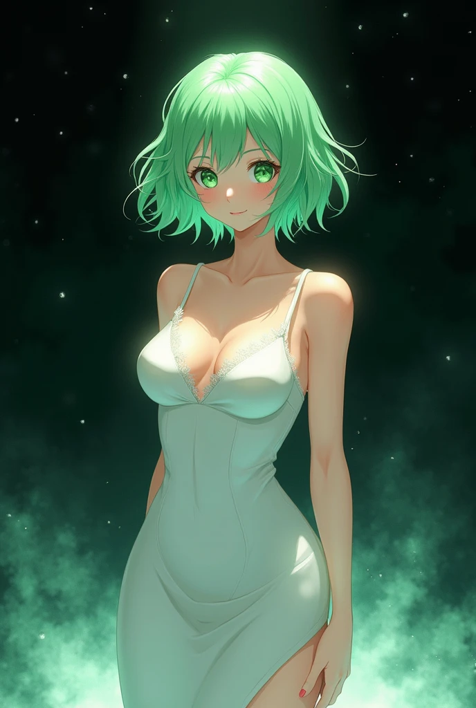Anime girl with short green fluffy hair on the face with white clothes with dark and slim body with big boobs standing in the big black room