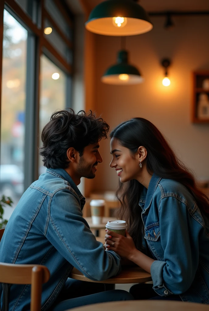 A 20 years old  young indian boy with medium long hair wearing denim jacket and seating with his 20 years old young girlfriend with long hair who's wearing blue jacket and both are seating in starbucks coffee shop.