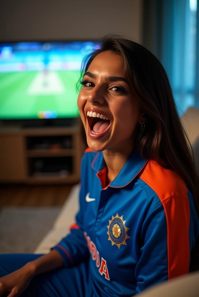 Himanshi Khurana watching cricket match on tv in Indian jersey, cheering, real photo 