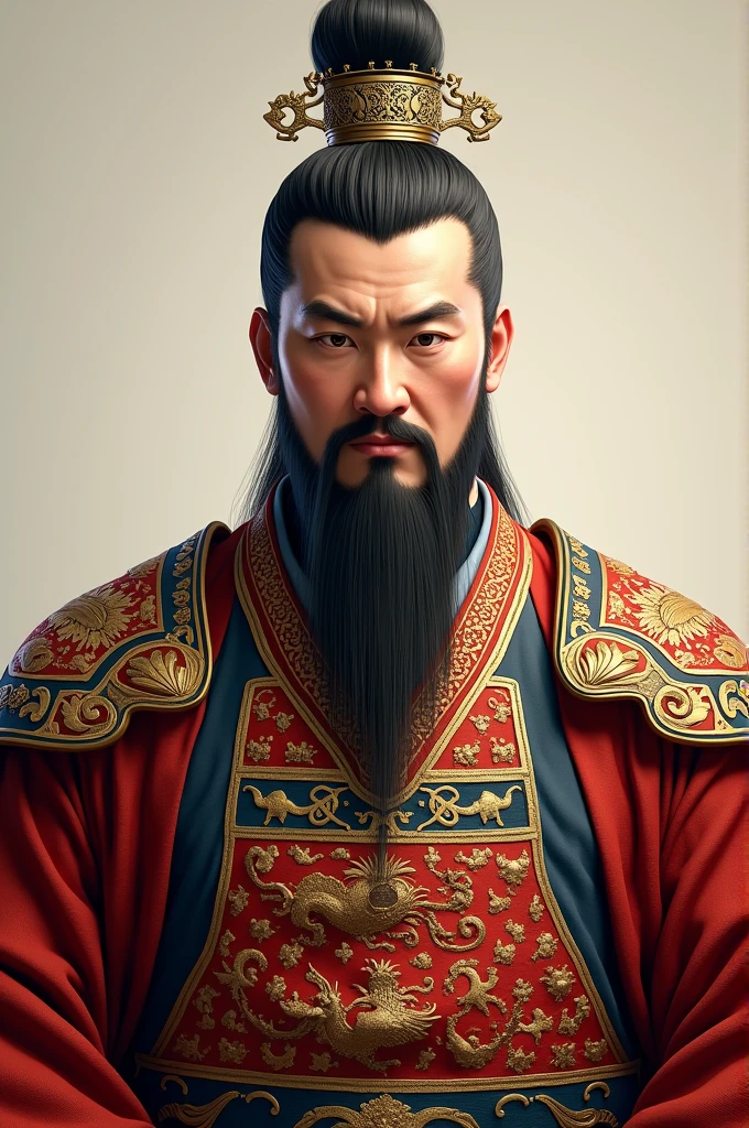 artistic rendering of Qin Shi Huang in traditional imperial robes, with a regal and authoritative expression. Include intricate details such as gold accents and traditional Chinese patterns.
Effects: Use realistic textures and lighting to give depth and highlight the richness of the clothing and facial features