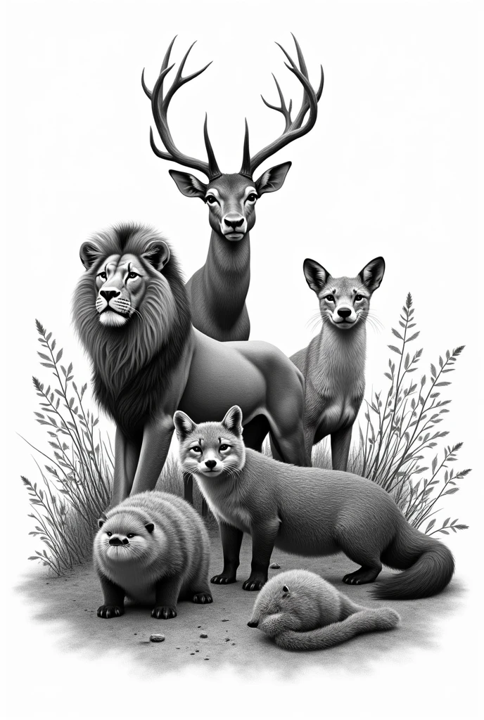 Black and white drawing of animals
