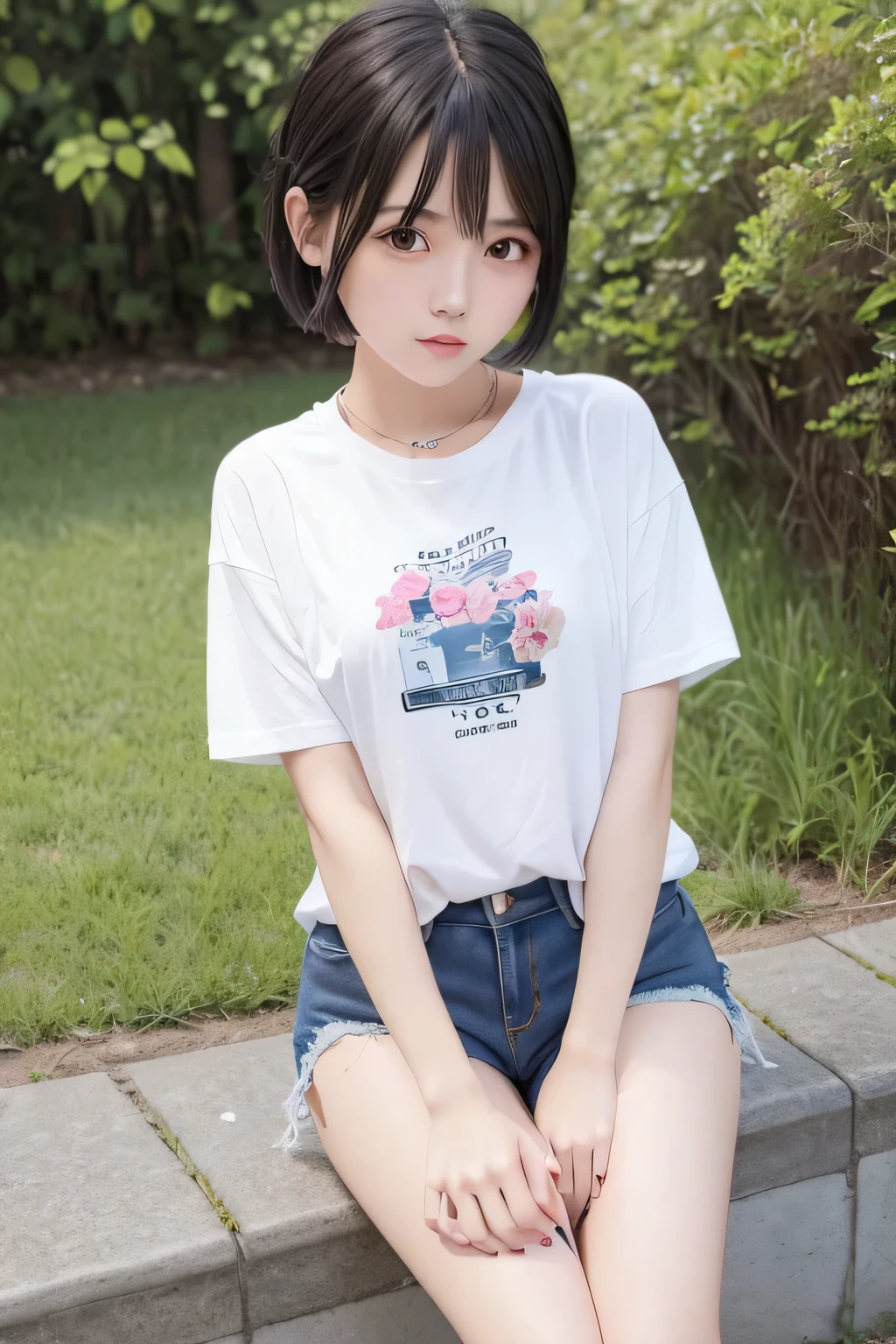 Extremely short, tight, and skinny denim shorts、Beautiful girl.,she is cute and beautiful like an idol.,She is pure and innocent.,She is wearing a T-shirt,High socks and sneakers.Japanese,Black short bob,A shy smile