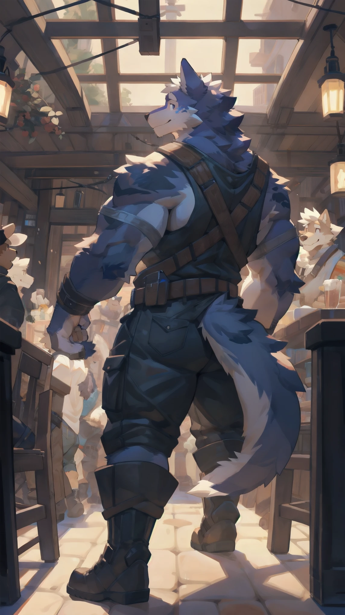 Solo, male, walking at tavern, bulge, by bigcozyorca, by goonie-san, by bebebebebe, by spikedmauler, back view, big buff , wolf tyrannosaurus hybrid, black fur, purple fur, bushy tail, buff, wearing brown fantasy leather armor, tall, masculine, bulge, sexy, playful, joyful expression