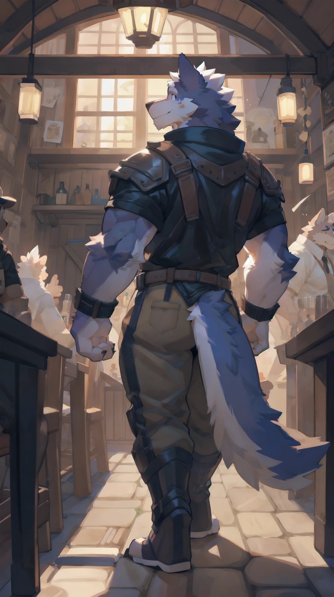 Solo, male, walking at tavern, bulge, by bigcozyorca, by goonie-san, by bebebebebe, by spikedmauler, back view, big buff , wolf tyrannosaurus hybrid, black fur, purple fur, bushy tail, buff, wearing brown fantasy leather armor, tall, masculine, bulge, sexy, playful, joyful expression