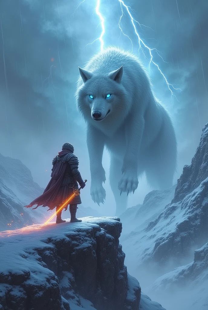 "A lone adventurer, wearing snow-covered, battle-worn armor, stands atop a narrow, icy ridge, wielding an ancient, glowing weapon. Below, a colossal, wolf-like beast with frost-covered fur emerges from a blizzard, its eyes glowing with a cold, otherworldly blue light. The beast's breath freezes the air around it, creating a menacing, misty aura. The adventurer, illuminated by the weapon's light, is poised to strike, with the stormy sky above crackling with thunder and lightning. The atmosphere is charged with tension, the wind howling, snow swirling, and the dark, foreboding environment emphasizing the epic confrontation."

Suggested SeaArt AI Settings:

Model Selection:
Choose a High-Resolution Model: Opt for a model known for detailed texture rendering and atmospheric effects. If SeaArt AI has options like "Ultra-Realistic" or "Cinematic," choose that.
Style Settings:
Style Strength: Increase to enhance the dramatic effect (around 80-100%).
Detail Level: Set to maximum or close to it. Aim for highly detailed textures in both the adventurer and the beast, especially in the fur and snow.
Lighting and Shadows: Boost to create strong contrasts. You want deep shadows and sharp highlights to emphasize the glow from the weapon and the lightning in the sky.
Environment Settings:
Weather Effects: Maximize snow effects and wind to enhance the blizzard feel.
Atmospheric Lighting: Choose settings that allow for dynamic lighting—perhaps something like "Stormy" or "Dramatic."
Color Palette: Stick with cold tones (blues, whites, grays), but allow for some warm highlights (glow from the weapon, lightning) to create contrast.
Focus and Depth of Field:
Focus on the Adventurer and Beast: Make sure both the adventurer and the beast are sharply in focus, with the background slightly blurred to emphasize their confrontation.
Depth of Field: Set to medium. You want the focus to remain on the main characters, but the environment should still feel vast and intimidating.
Character Dynamics