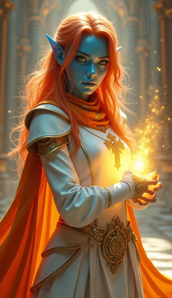 fantasy portrait  art, dnd art, RPG art, wide shot, (masterpiece: 1.4) intense details, highly detailed, photorealistic, best quality, highres, portrait a female (fantasy art, Masterpiece, best quality: 1.3) ((blue skin: 1.5)), intense details facial details, exquisite beauty, (fantasy art, Masterpiece, best quality) cleric, (blue skinned: 1.3) female, (red with orange stripes hair: 1.3), long hair, ((no ears: 1.5)), (green eyes: 1.3), casting yellow radiant spell, wearing heavy (white armor: 1.3), wearing high heeled boots, wearing an (orange cloak:1.3), wearing glowing holy symbol, within fantasy temple background, reflection light, high details, best quality, 16k, [ultra detailed], masterpiece, best quality, (extremely detailed), close up, ultra wide shot, photorealistic, RAW, fantasy art, dnd art, fantasy art, realistic art,((best quality)), ((masterpiece)), (detailed), perfect face, art by mooncryptowow