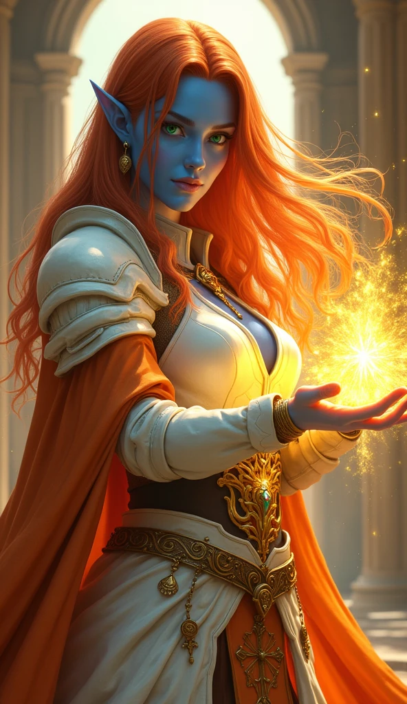 fantasy portrait  art, dnd art, RPG art, wide shot, (masterpiece: 1.4) intense details, highly detailed, photorealistic, best quality, highres, portrait a female (fantasy art, Masterpiece, best quality: 1.3) ((blue skin: 1.5)), intense details facial details, exquisite beauty, (fantasy art, Masterpiece, best quality) cleric, (blue skinned: 1.3) female, (red with orange stripes hair: 1.3), long hair, ((no ears: 1.5)), (green eyes: 1.3), casting yellow radiant spell, wearing heavy (white armor: 1.3), wearing high heeled boots, wearing an (orange cloak:1.3), wearing glowing holy symbol, within fantasy temple background, reflection light, high details, best quality, 16k, [ultra detailed], masterpiece, best quality, (extremely detailed), close up, ultra wide shot, photorealistic, RAW, fantasy art, dnd art, fantasy art, realistic art,((best quality)), ((masterpiece)), (detailed), perfect face, art by mooncryptowow