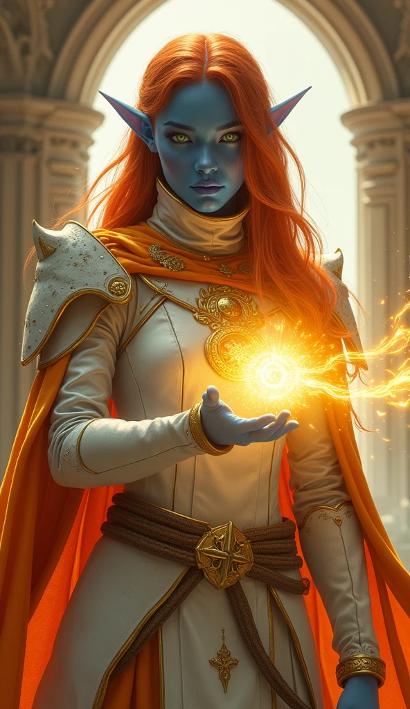fantasy portrait  art, dnd art, RPG art, wide shot, (masterpiece: 1.4) intense details, highly detailed, photorealistic, best quality, highres, portrait a female (fantasy art, Masterpiece, best quality: 1.3) ((blue skin: 1.5)), intense details facial details, exquisite beauty, (fantasy art, Masterpiece, best quality) cleric, (blue skinned: 1.3) female, (red with orange stripes hair: 1.3), long hair, ((no ears: 1.5)), (green eyes: 1.3), casting yellow radiant spell, wearing heavy (white armor: 1.3), wearing high heeled boots, wearing an (orange cloak:1.3), wearing glowing holy symbol, within fantasy temple background, reflection light, high details, best quality, 16k, [ultra detailed], masterpiece, best quality, (extremely detailed), close up, ultra wide shot, photorealistic, RAW, fantasy art, dnd art, fantasy art, realistic art,((best quality)), ((masterpiece)), (detailed), perfect face, art by mooncryptowow