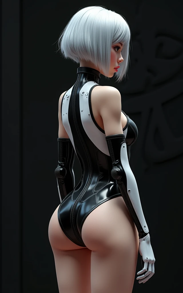 (masterpiece, best quality)), ((((perfect anatomy)))), Caucasian android woman with short silver hair, ((elaborate black dress)) (((white high cut leotard))), big butt, black eye-band, white and black gloves, digital black pattern background, (((realistic 3d animated movie art style)))