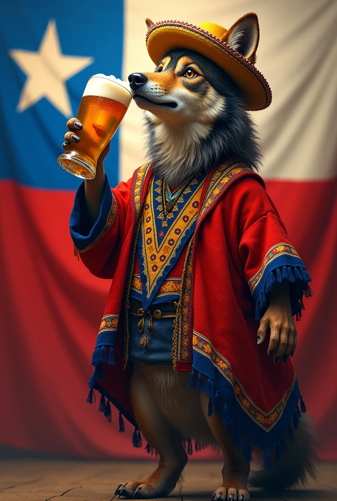 Make a wolf with clothes from the typical Chilean cueca dance, with red poncho, blue and yellow and chupalla with the Chilean flag in the background and drinking beer