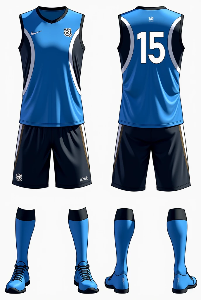 Men's volleyball uniform with the following instructions:
The color of the uniform must be blue,black and white The color and design of the t-shirt, Shorts and socks must be uniform. The number must be located centrally on the front and back of the jersey..
The color and brightness of the numbers must contrast with the color and brightness of the shirts. The number must be a minimum of 10 cm. high at the front and 15 cm. high at the back. (The number on the shorts or lycra is optional, not mandatory, But if the number is displayed, it must match the one on the shirt and the entire team must display it.).
And it must have a roadrunner logo And the shirt must not have sleeves