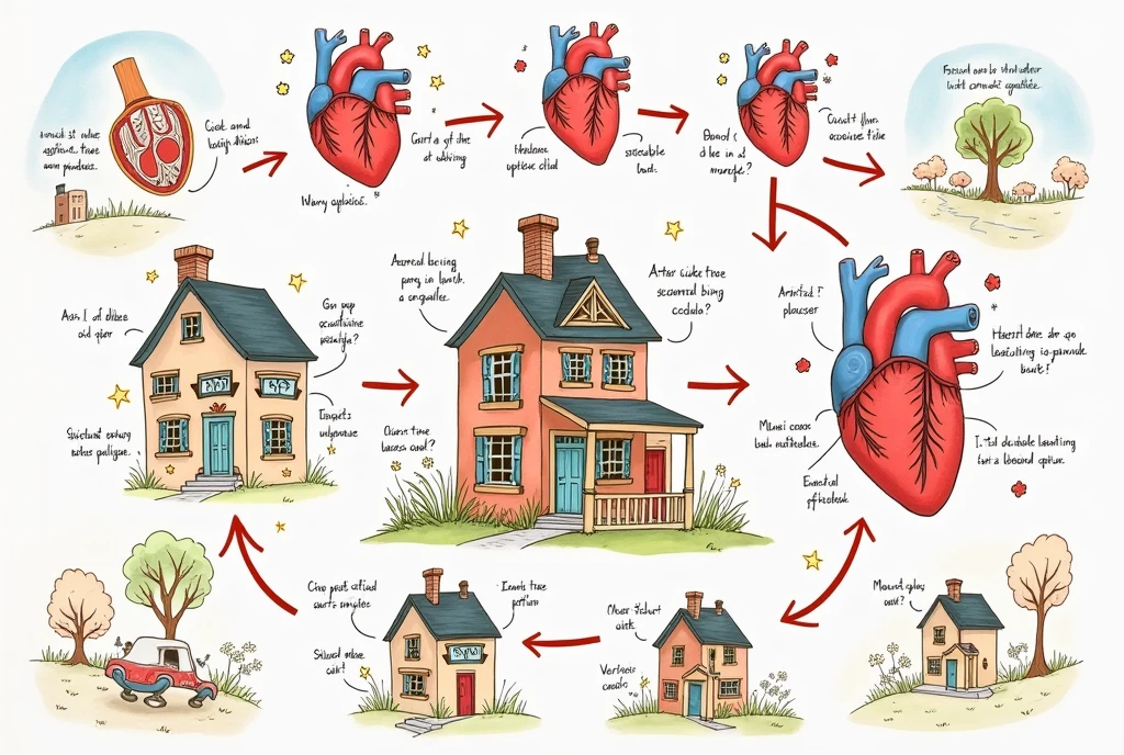
"Create a visual summary of the cardiac cycle using simple drawings and explanations, as if you were explaining it to a . The heart should be represented as a magical two-story house. Show the atria upstairs and the ventricles downstairs. Explain each phase with images and short text:

1. **House in rest**: Draw the relaxed atria and ventricles, with arrows showing blood entering the atria and flowing into the ventricles.
2. **Upstairs helping**: Show the atria squeezing the blood and pushing it into the ventricles.
3. **Home working**: Draw the ventricles by squeezing, with the doors (in valve AV) closing with a &#39;thump&#39; sound so that the blood does not come back.
4. **Pump the blood**: Show blood being pushed through the ventricles out of the heart, through open semilunar valves, with arrows indicating movement.
5. **Relaxing again**: Draw the ventricles relaxing, with the semilunar valves closing with a &#39;ta&#39; sound, preparing the heart to start the cycle again."
