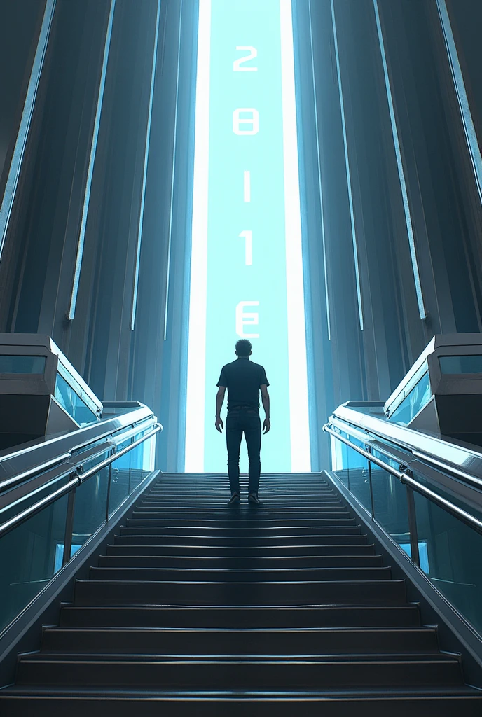 Create a man on top of a futuristic staircase in front of a luminous portal.. Above the portal it says 2014 fire. The man is wearing casual but very elegant black clothes..
