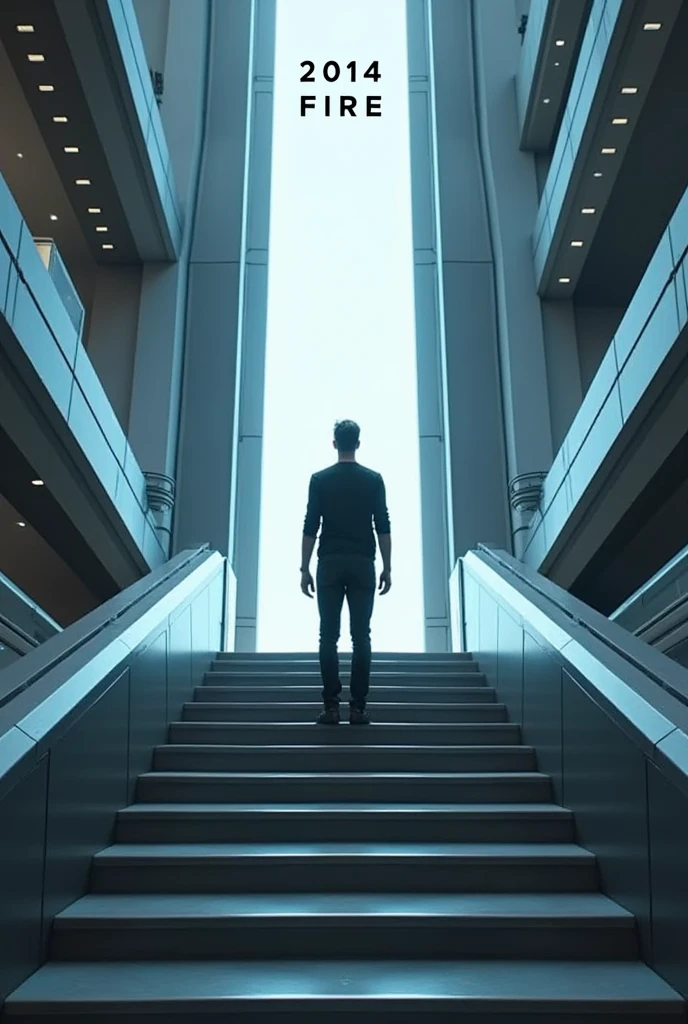 Create a man on top of a futuristic staircase in front of a luminous portal.. Above the portal it says 2014 fire. The man is wearing casual but very elegant black clothes..