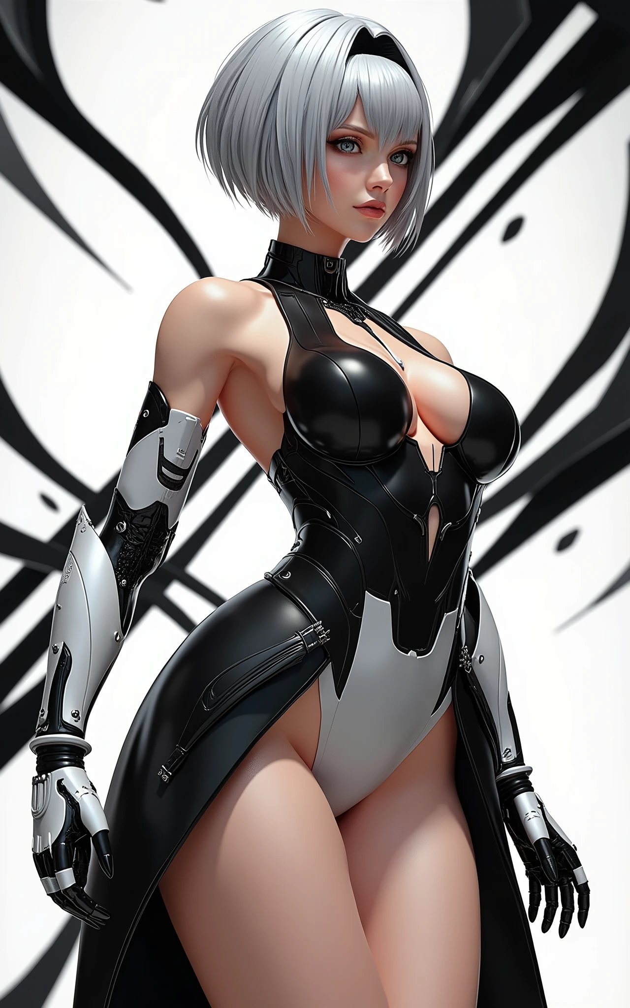 (masterpiece, best quality)), ((((perfect anatomy)))), Caucasian android woman with short silver hair, ((elaborate black dress)) (((white high cut leotard))), big butt, black eye-band, white and black gloves, digital black pattern background, (((realistic 3d animated movie art style)))