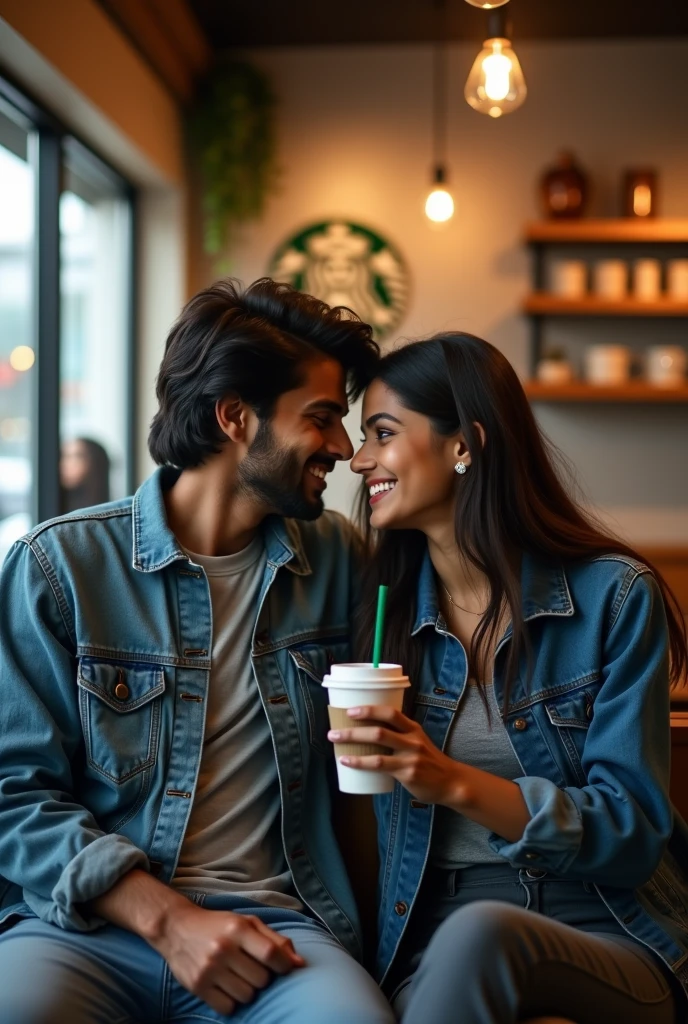 A 20 years old young indian boy with medium long hair wearing denim jacket and seating with his 20 years old young girlfriend with long hair who's wearing blue jacket and both are seating in starbucks coffee shop.
