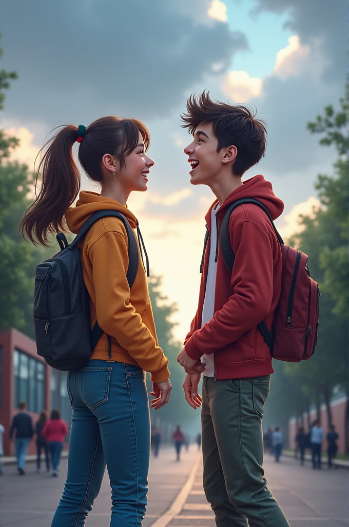 Two friends laughing at school on a cloudy day