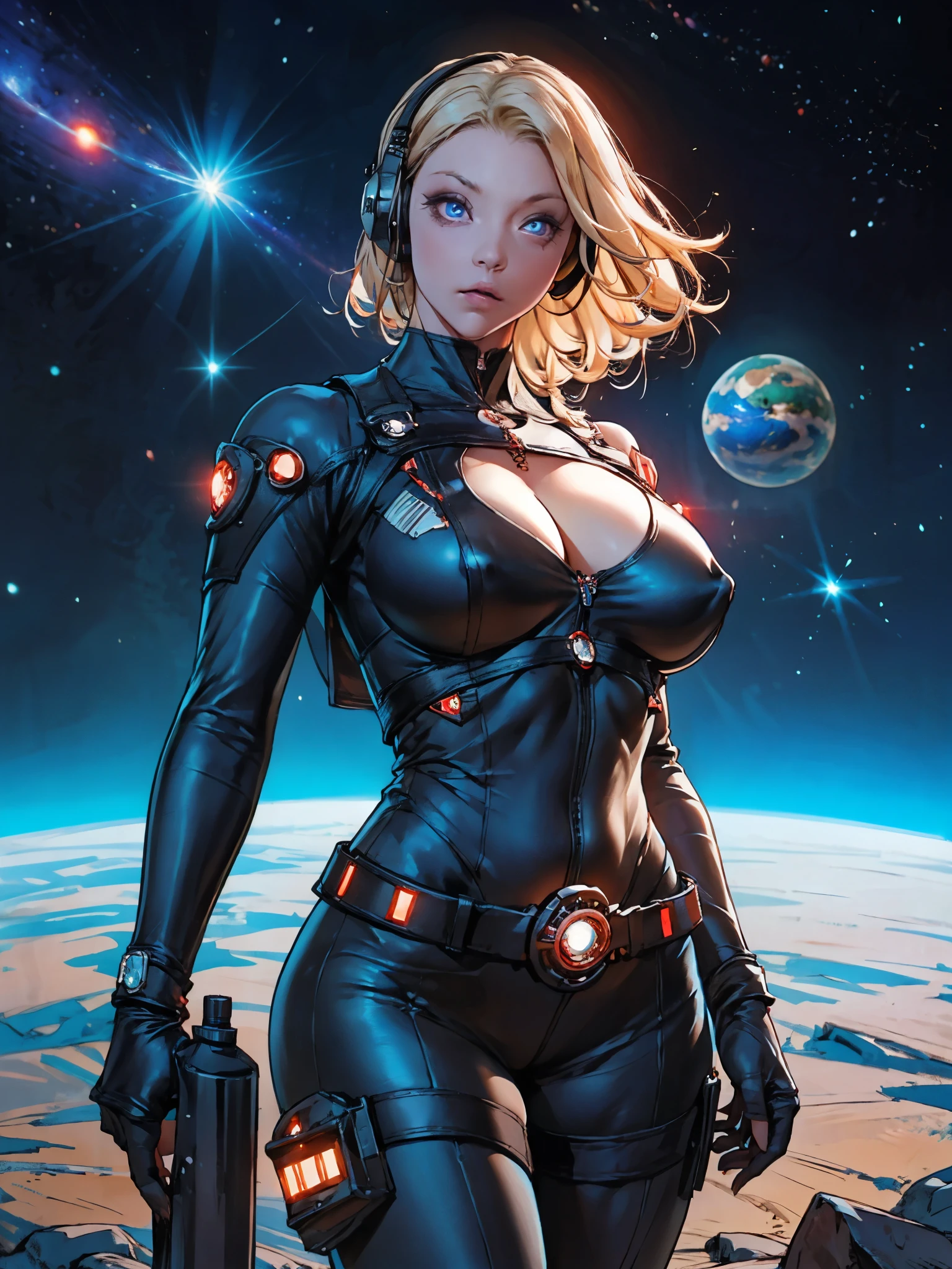 girl, standing, holding a railgun, skin tight bodysuit, spacesuit, sleek mechanical design, electronic belt, scandinavians, long pale blonde hair, (blue eyes:1.2), huge breasts, raised eyebrows, eyelashes, black eyeliner, detailed face, looking at viewer, headset, planet with ring belt, cosmos, nebulae, dark gothic aesthetic, dramatic gradation lighting, imposing stnace, swirling light, (glowing red:1.2), extremely detailed,