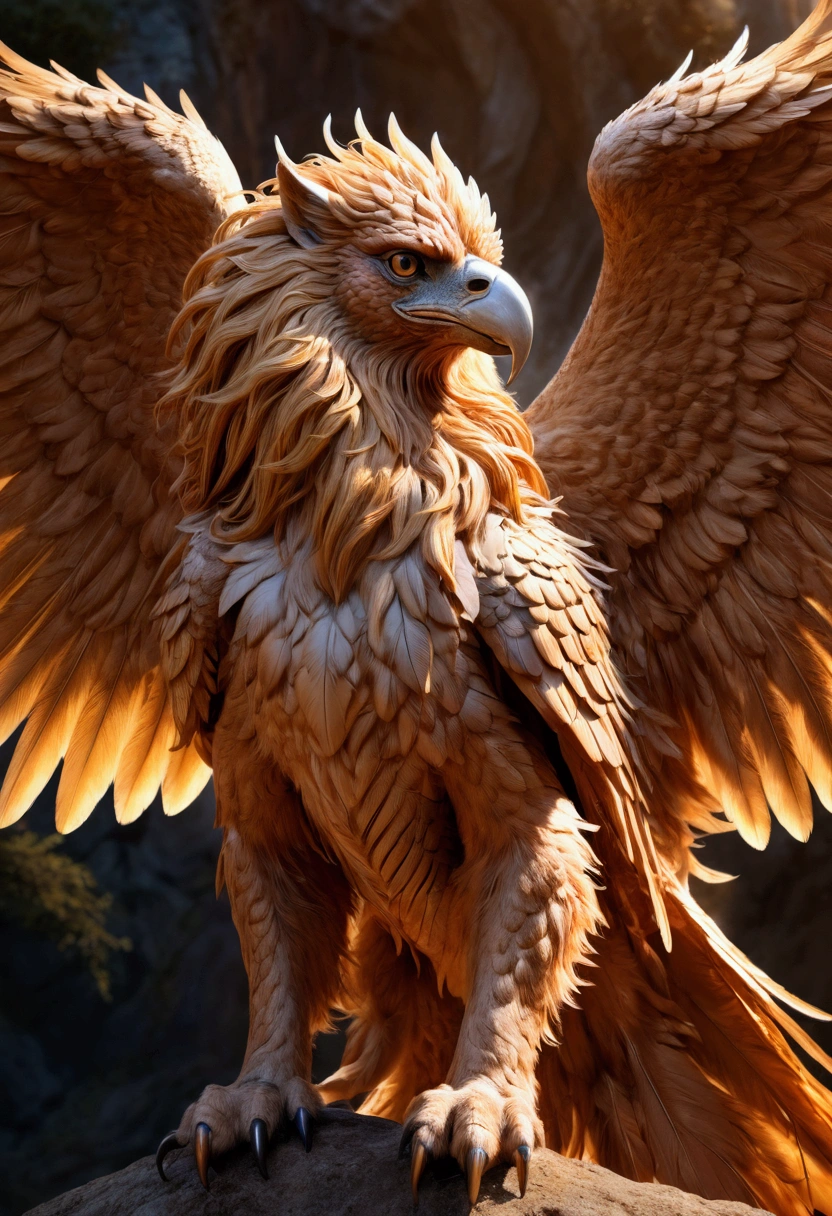 Griffin, a griffin, highly detailed, cinematic lighting, dramatic angle, fantasy art, muscular body, sharp talons, piercing eyes, majestic wings, powerful presence, rugged terrain, golden hour, dramatic shadows, intricate feather texture, flowing mane, 8k, masterpiece, best quality, very aesthetic, absurdres