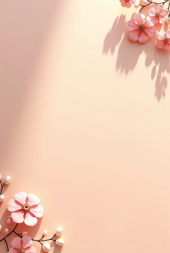 "Create a unique and elegant jewelry background with a soft peach-colored surface. Position delicate pink flowers in the left bottom corner and the right upper corner, with each flower subtly adorned with beads and pearls. The flowers should cast gentle shadows, adding depth and realism to the scene. The overall composition should feel balanced and luxurious, with soft lighting to enhance the details of the flowers and the subtle sheen of the beads, making the background perfect for a standout jewelry display."