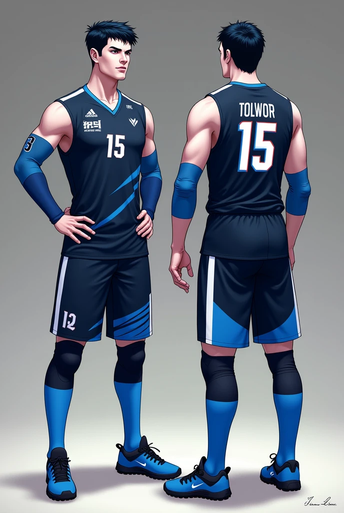 Men's volleyball uniform with the following instructions:
The color of the uniform must be blue,black and white The color and design of the t-shirt, Shorts and socks must be uniform. The number must be located centrally on the front and back of the jersey..
The color and brightness of the numbers must contrast with the color and brightness of the shirts. The number must be a minimum of 10 cm. high at the front and 15 cm. high at the back. (The number on the shorts or lycra is optional, not mandatory, But if the number is displayed, it must match the one on the shirt and the entire team must display it.).
And it must have a roadrunner logo And the shirt must not have sleeves