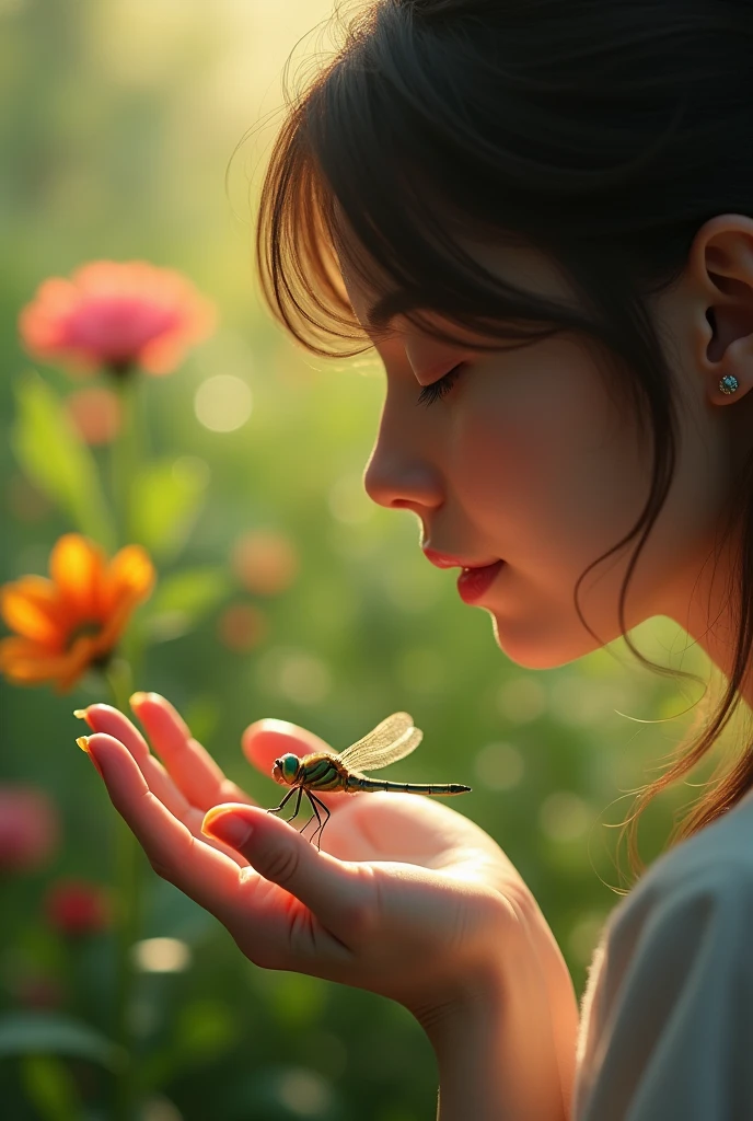 close-up of a small colorful dragonfly, shimmering wings and bright green eyes, sitting on a woman's hand. The woman sits peacefully in her garden, surrounded by vibrant flowers and greenery, the scene capturing a moment of quiet reflection and natural beauty. The dragonfly should be small and sunlight should be glistening off its eyes