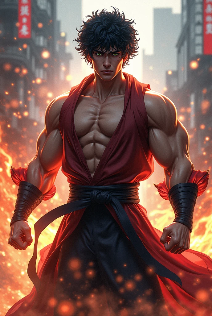 A male jujutsu kaisen character with curly black hair, strong and powerful using his powers 