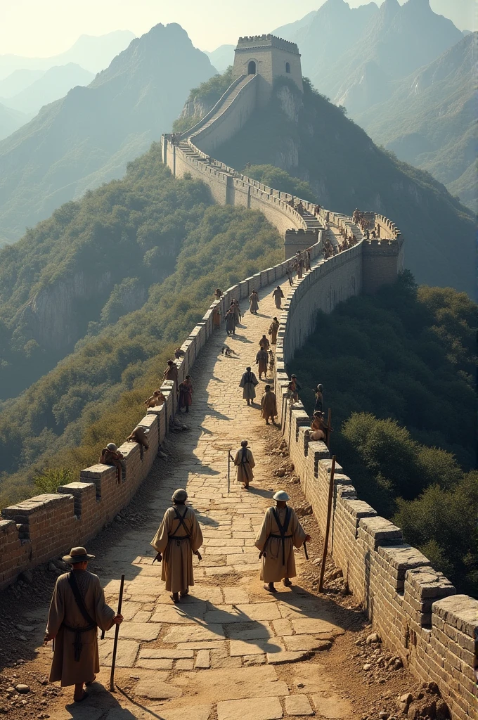 A panoramic view of the early Great Wall construction. Show workers in ancient attire building the wall with basic tools and materials, against a rugged mountainous backdrop.
Effects: Use natural colors and shadows to reflect the harsh conditions of the time. Apply a slightly aged or weathered look to the structures and environment to enhance realism.