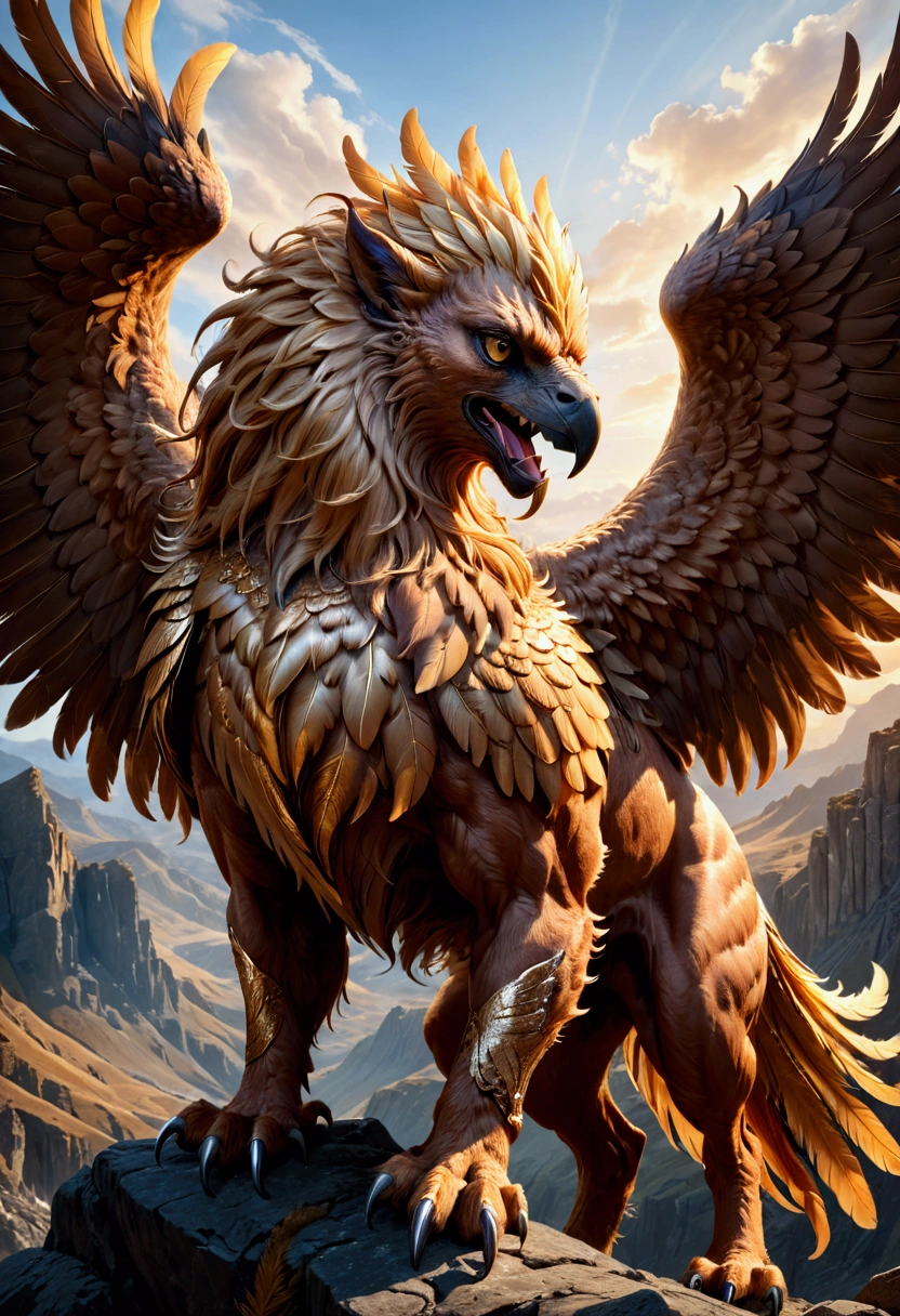 Griffin, a griffin, highly detailed, cinematic lighting, dramatic angle, fantasy art, muscular body, sharp talons, piercing eyes, majestic wings, powerful presence, rugged terrain, golden hour, dramatic shadows, intricate feather texture, flowing mane, 8k, masterpiece, best quality, very aesthetic, absurdres