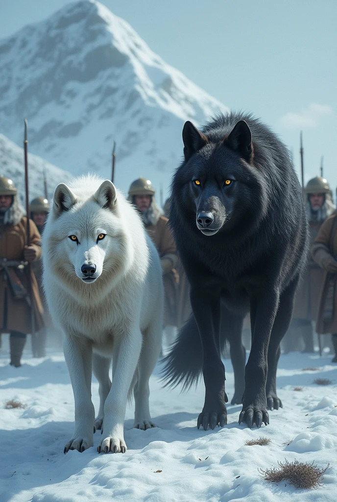 Army of big wolves and male soldiers the northerners ancient soldiers. thousands of big wolves.
In front of them a white werewolf and next to her a black alpha. War scene