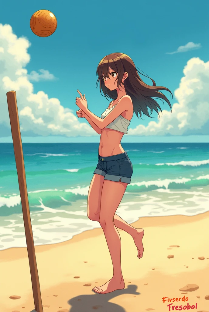 An anime woman on the beach playing sports holding a racket in one hand, all made of wood with a handle that fits in the hand, standing racket, frescobol