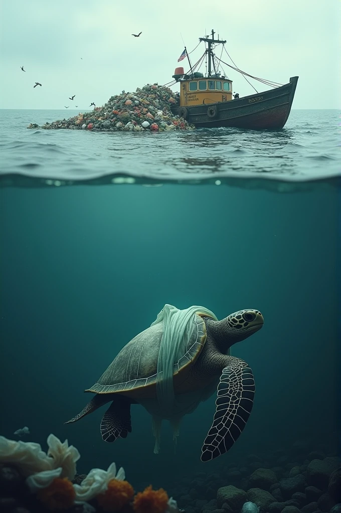 image of a boat at sea removing garbage with an island of garbage next to it and a turtle being suffocated by a bag on the seabed