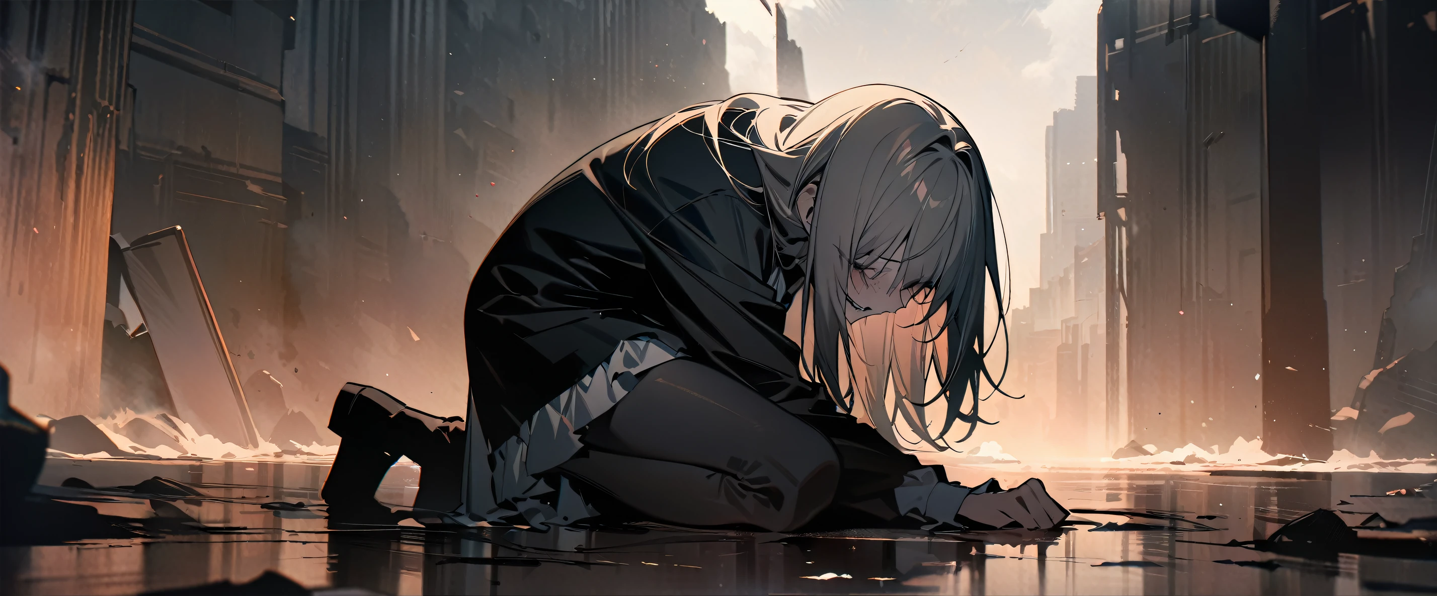 (((masterpiece,Highest quality))),((Anime woman crouching in a psychotic state)),(high quality),Focus on the whole body so that the face is visible,alone,アニメ,b3ks1n